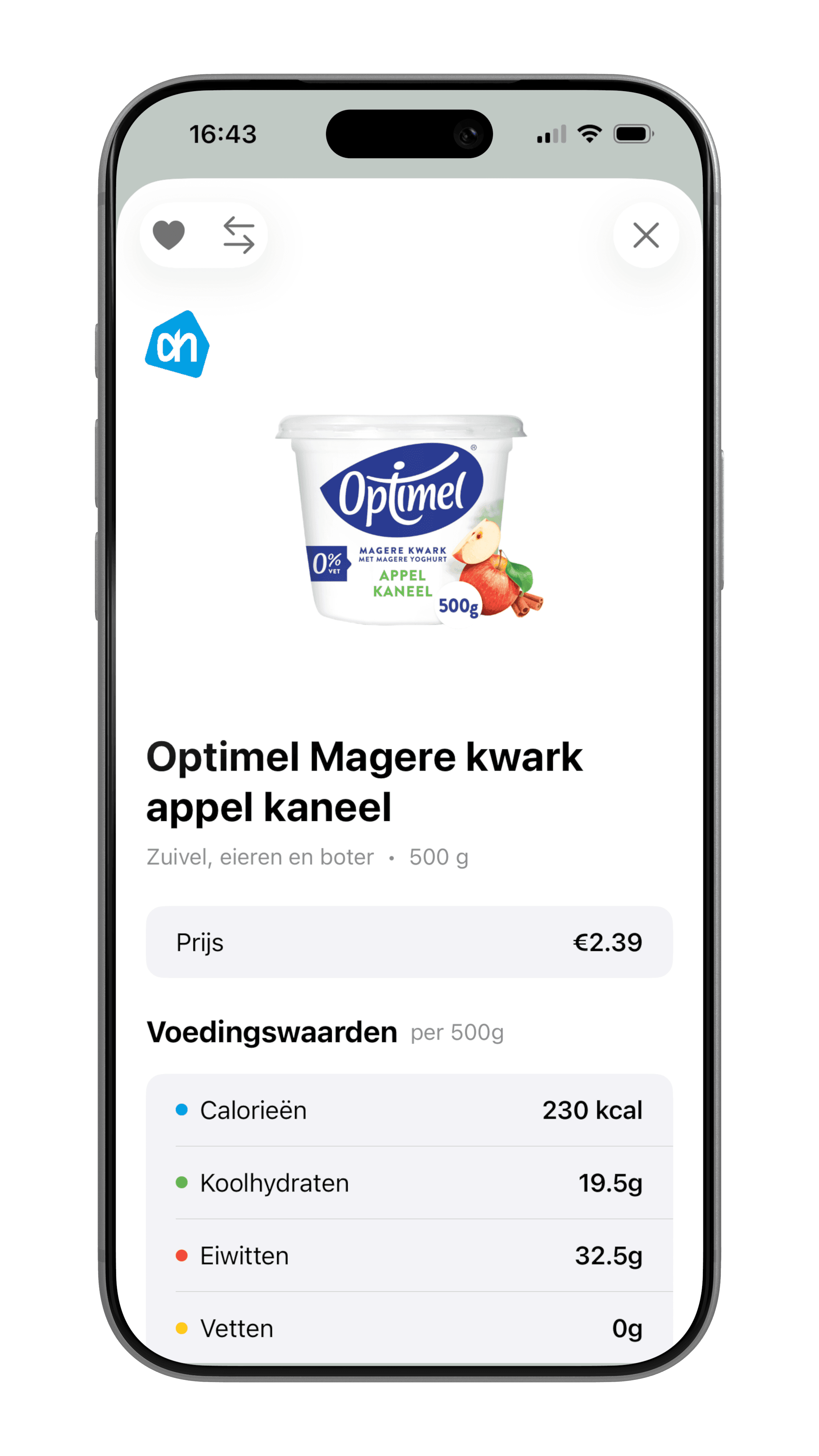 CheckJeMacros app, detail van Albert Heijn product met macro's en prijs